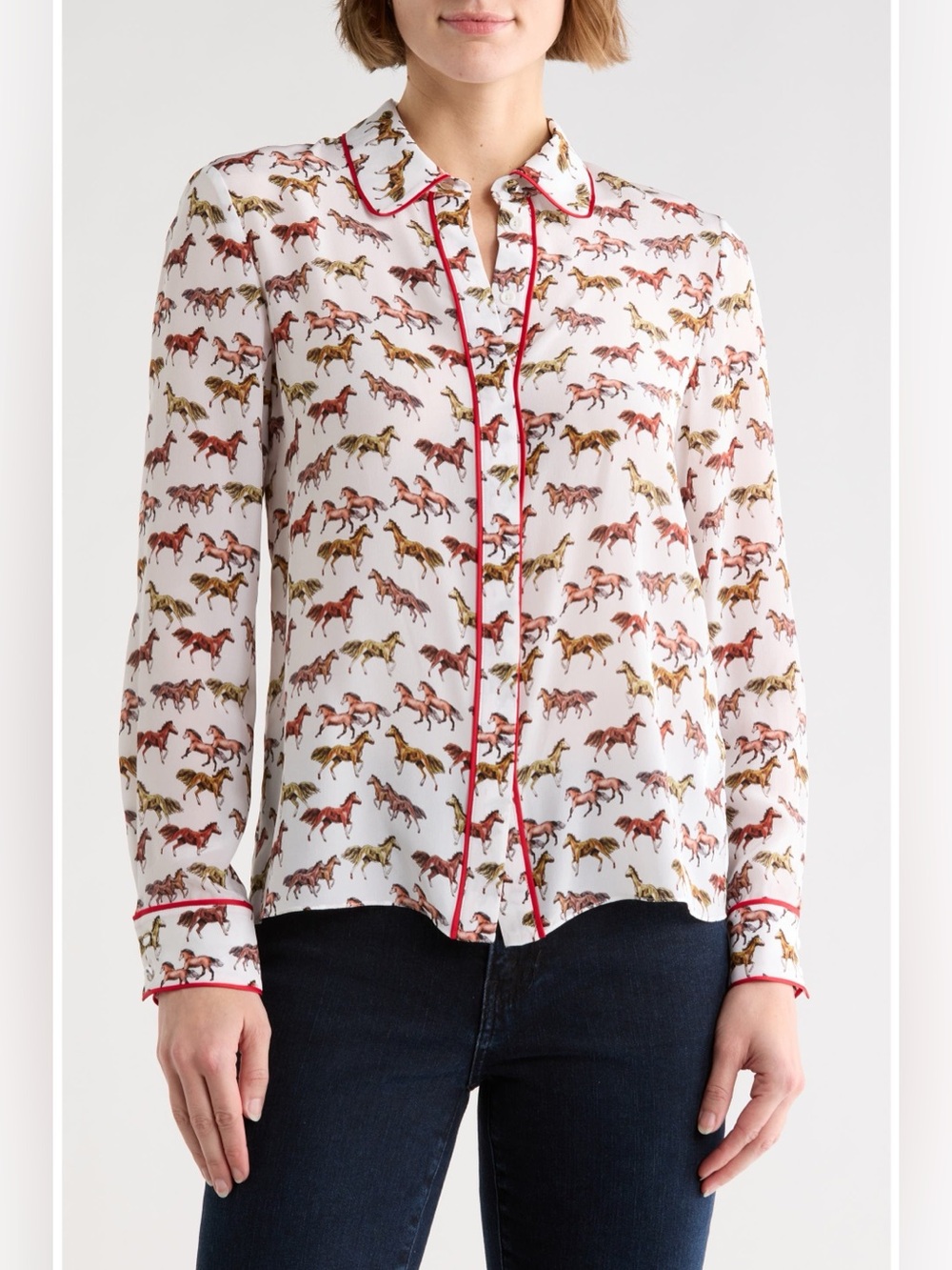 NWT Alice Olivia Willa Horse Print Silk Button-Up Shirt Blouse